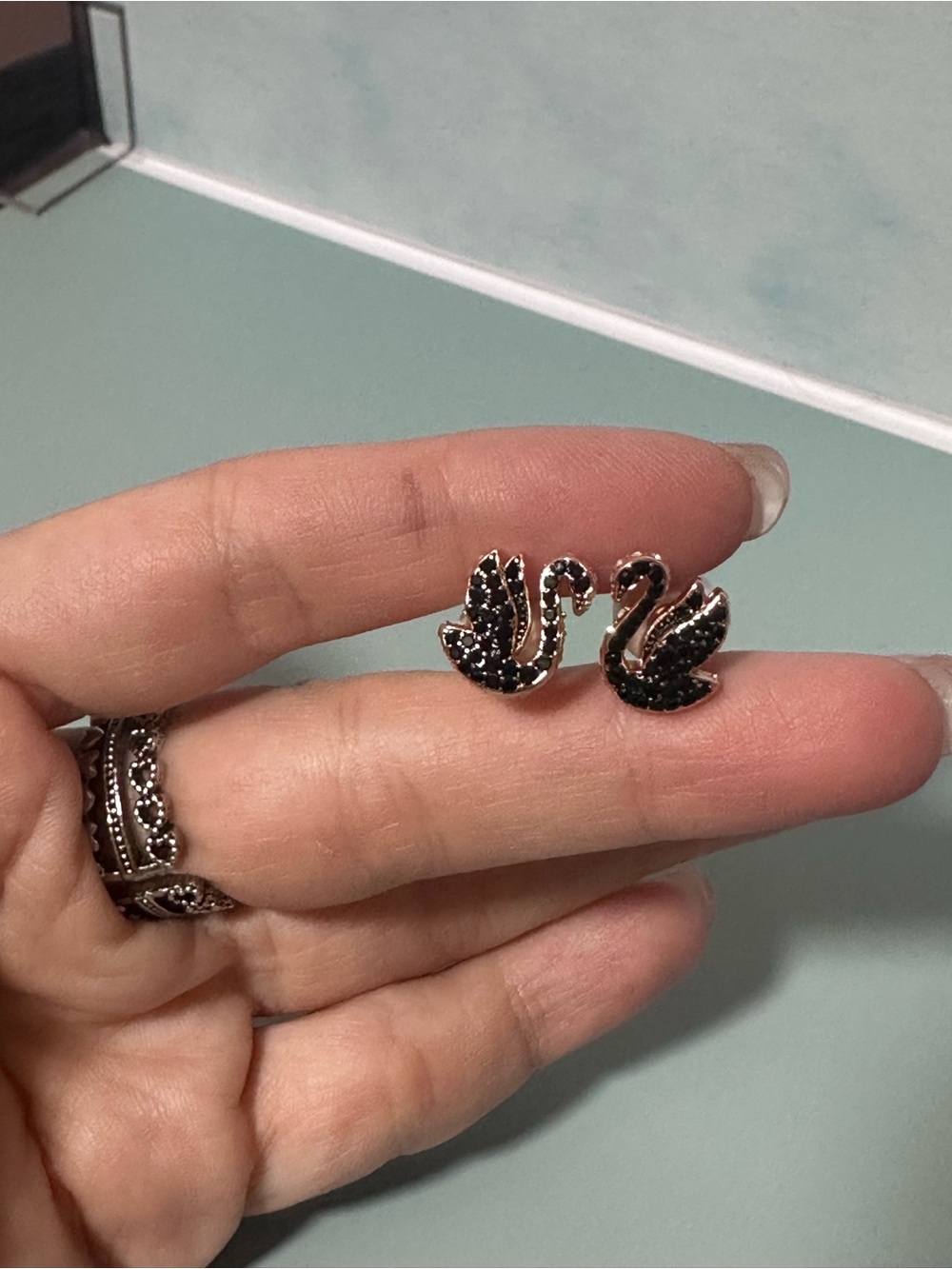 Black Crystal Swan Stud Earrings - Women Jewelry